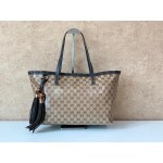 [NEW] GUCCI 354665 GG LOGO COATED CANVAS AND BROWN LEATHER BAMBOO TASSEL TOTE BAG